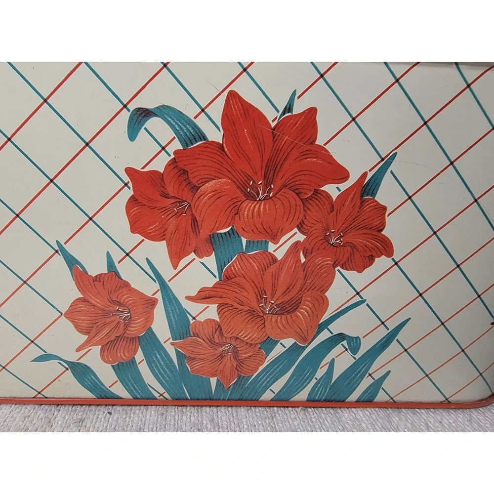 Vintage Tin Metal Breadbox Cream Red Floral Lattice Print Kitchen Storage Box